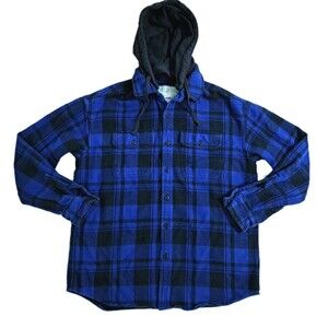 American Eagle Flannel Hoodie Mens Medium Blue Black Plaid Heavyweight Vintage
